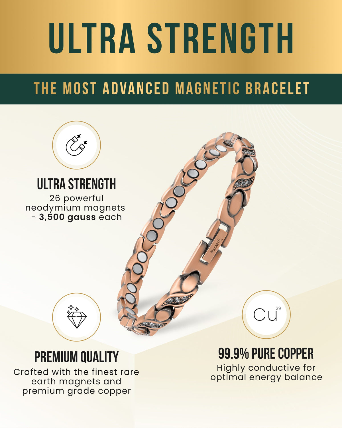 Women’s Ultra Strength Pure Copper Magnetic Bracelet (Crystal XO)