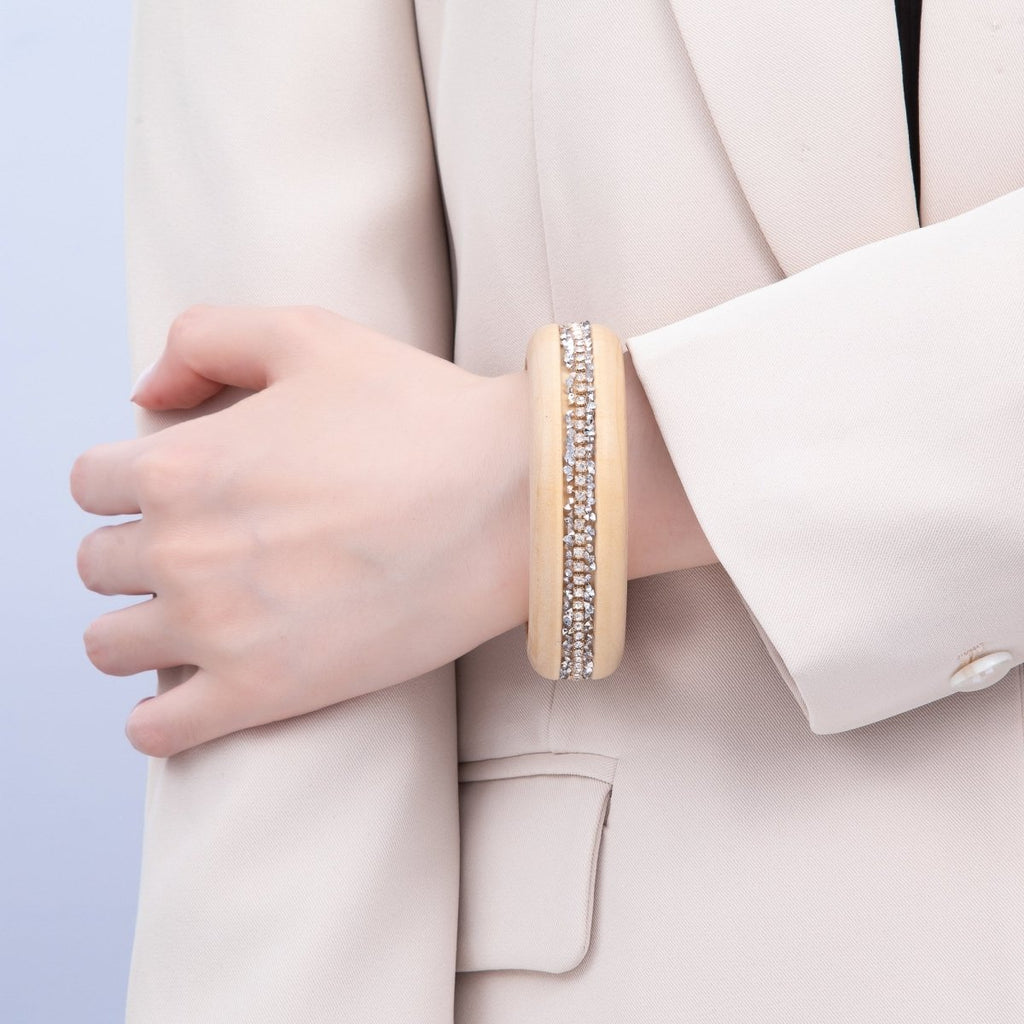 Micro Paved CZ Cluster Wood Bangle Bracelet in Black, Brown, Green, Latte | WA-04289 - WA-04292