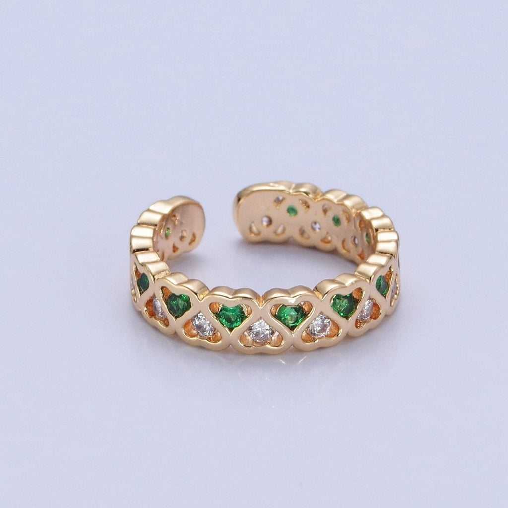 Minimalist Dainty cute CZ rings. Green hearts ring bands. Stacking rings. Gold plated rings O-735 O-736 Pink