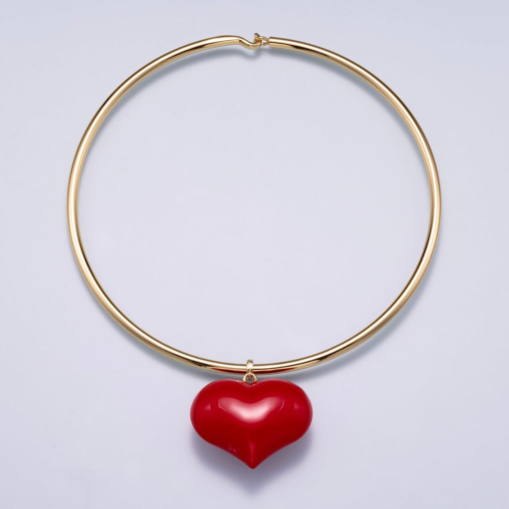 MOTHER'S DAY 16K Gold Filled Red Chubby Heart Wide Tube Choker Floating Collar Necklace
