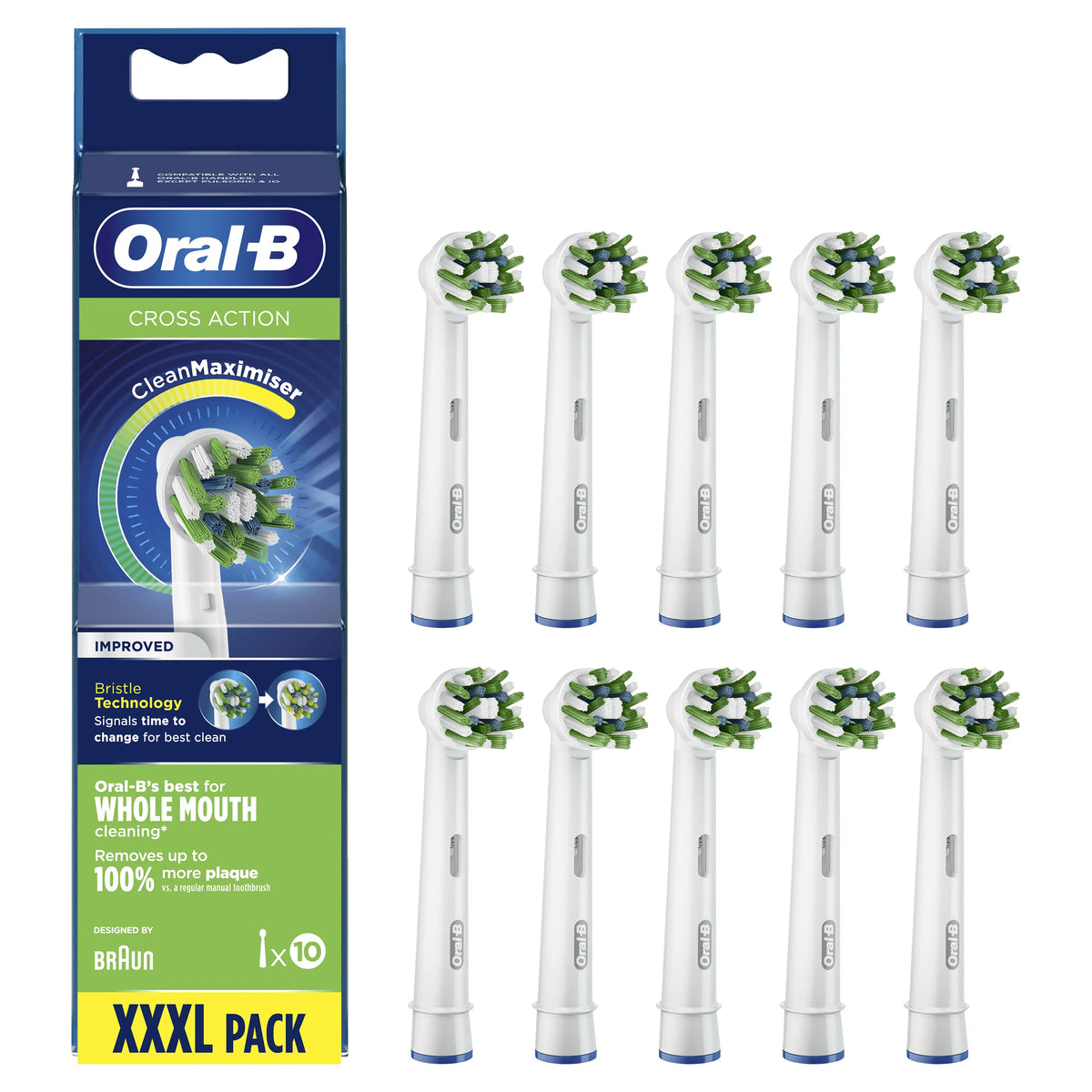 Oral-B CrossAction CleanMaximiser Brush Heads EB50-10, 10-Pack, White – Fits Oral-B Rechargeable Toothbrushes, Made in Germany