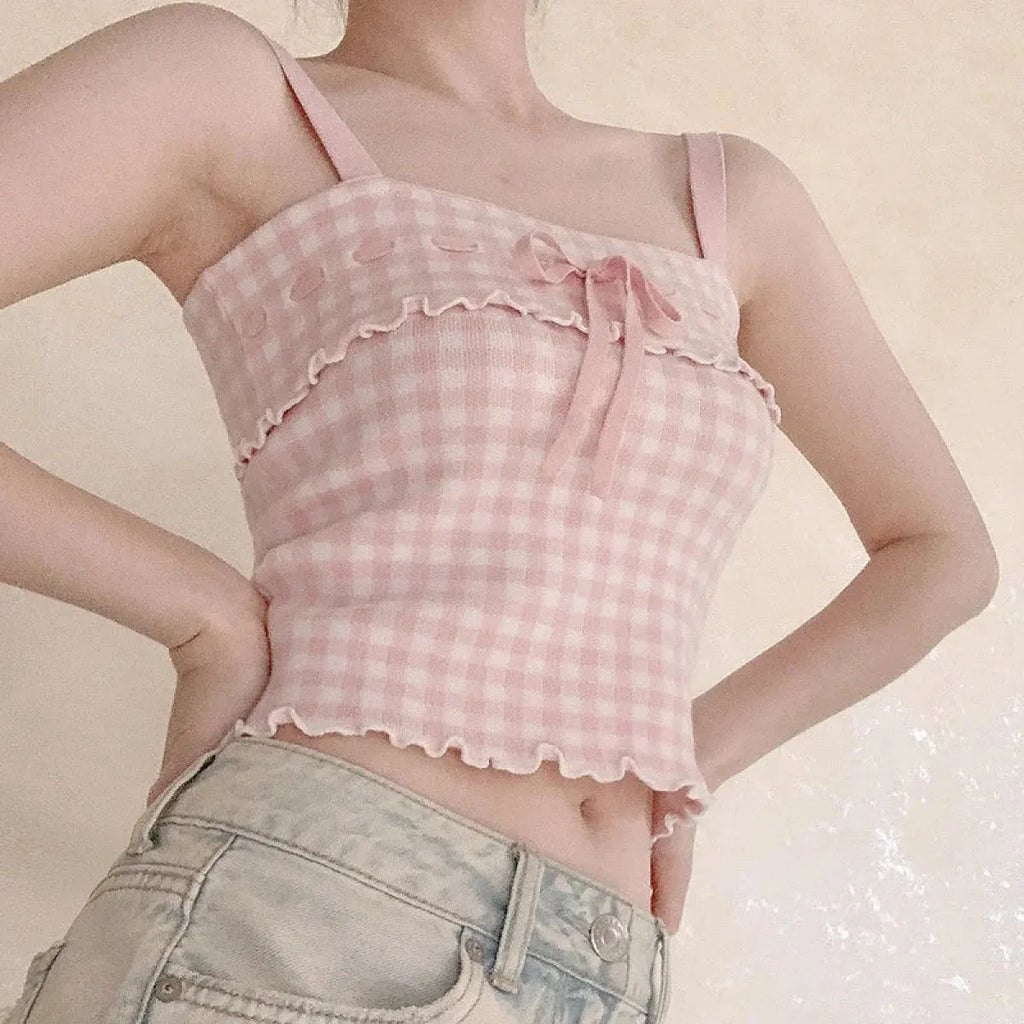 Pink Sweet Plaid Ribbon Crop Top