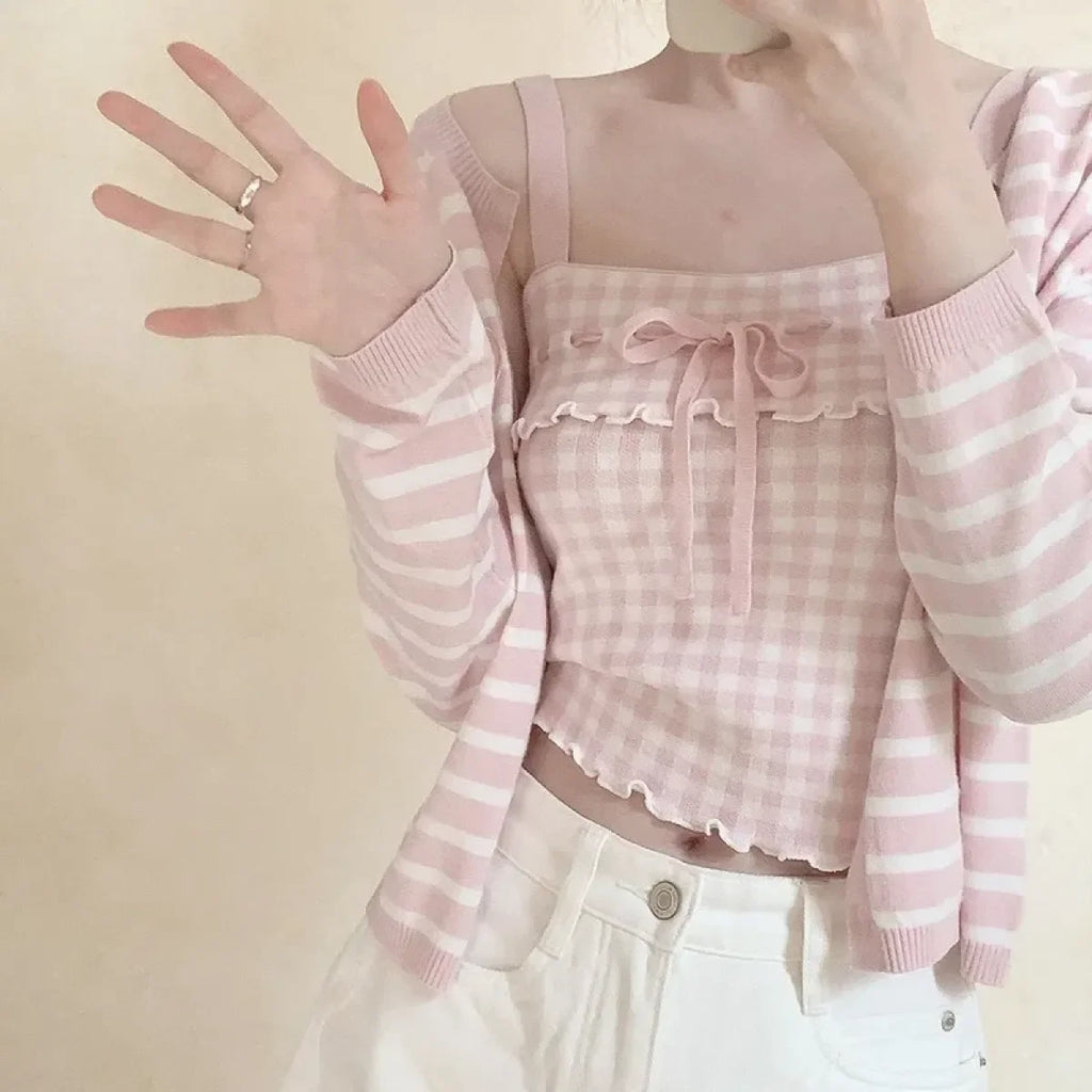 Pink Sweet Plaid Ribbon Crop Top