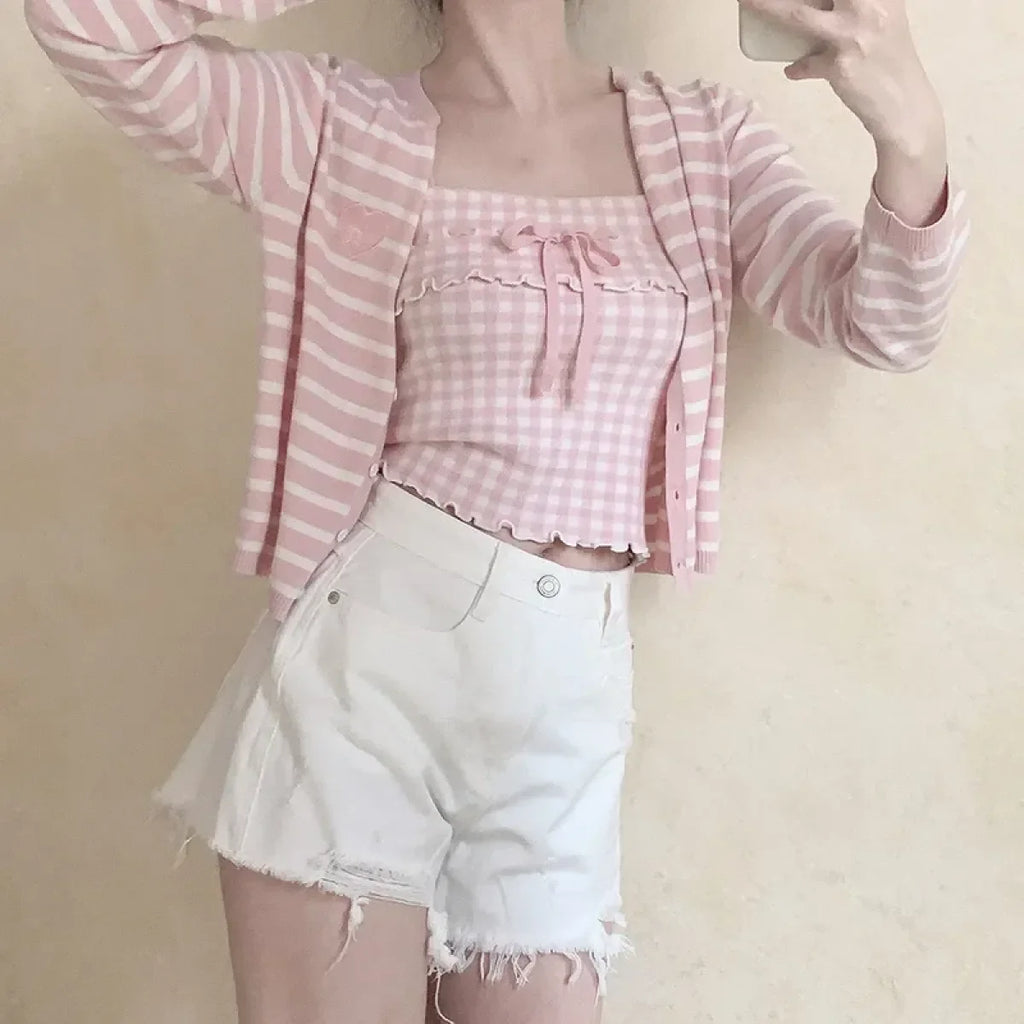 Pink Sweet Plaid Ribbon Crop Top