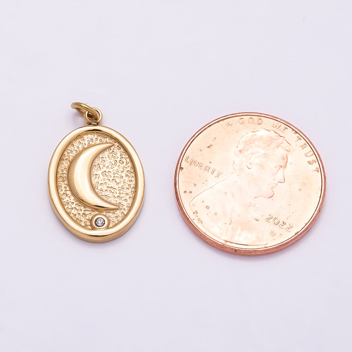 PVD Gold Stainless Steel 18mm Clear CZ Celestial Moon Textured Oval Charm | Charms-01027
