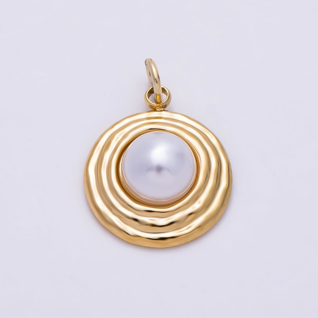 PVD Gold Stainless Steel 18mm White Shell Pearl Ribbed Round Charm | Charms-01439