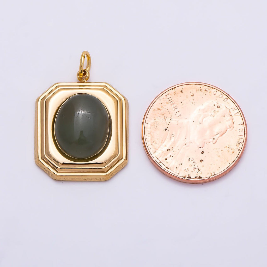 PVD Gold Stainless Steel 20mm Green Aventurine Cabochon Bezel Hexagon Charm | Charms-01331