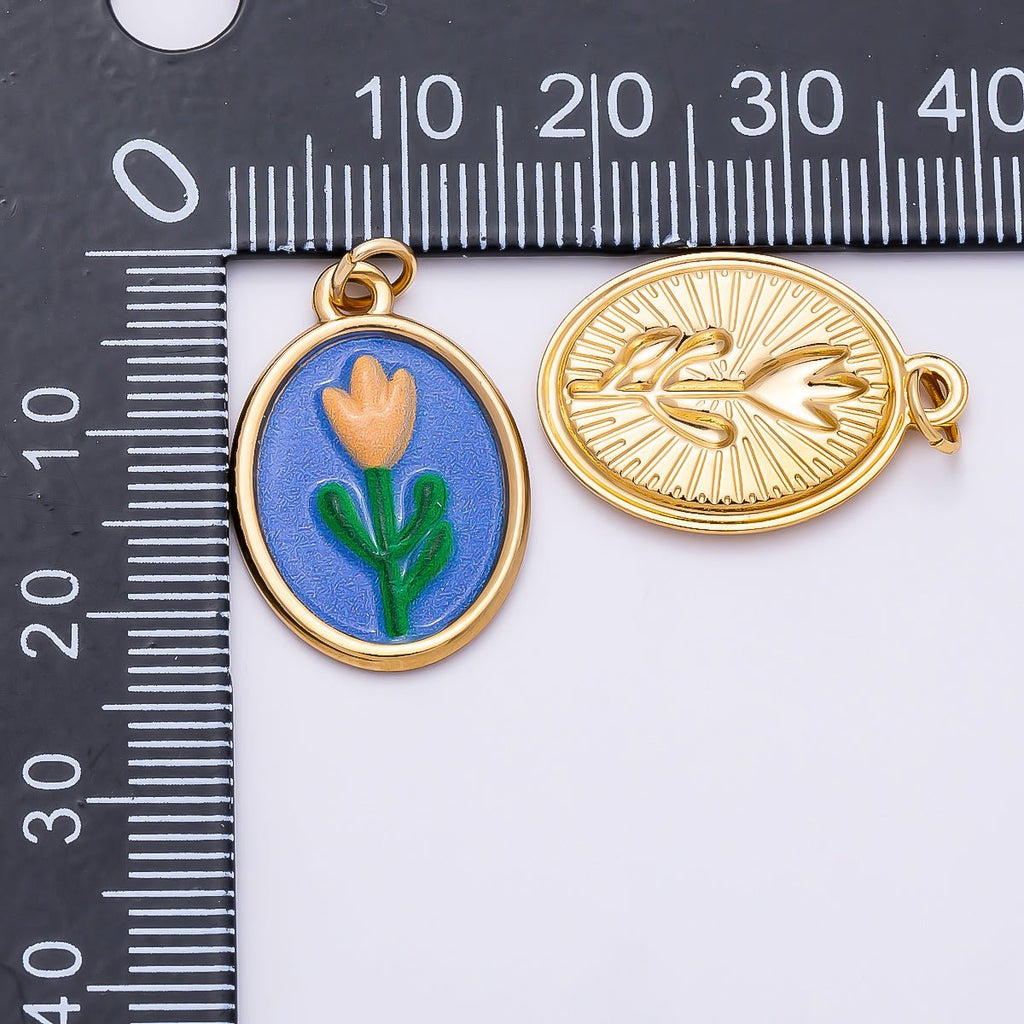 PVD Gold Stainless Steel 22mm Blue Enamel Tulip Flower Oval Charm | Charms-01343