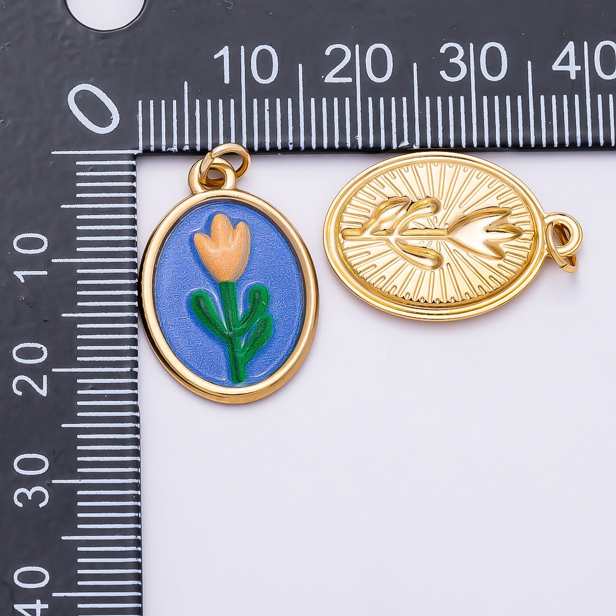 PVD Gold Stainless Steel 22mm Blue Enamel Tulip Flower Oval Charm | Charms-01343