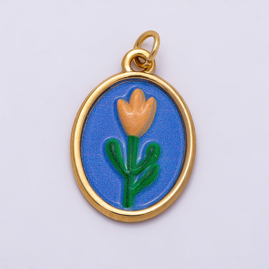 PVD Gold Stainless Steel 22mm Blue Enamel Tulip Flower Oval Charm | Charms-01343
