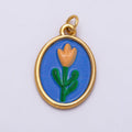 PVD Gold Stainless Steel 22mm Blue Enamel Tulip Flower Oval Charm | Charms-01343