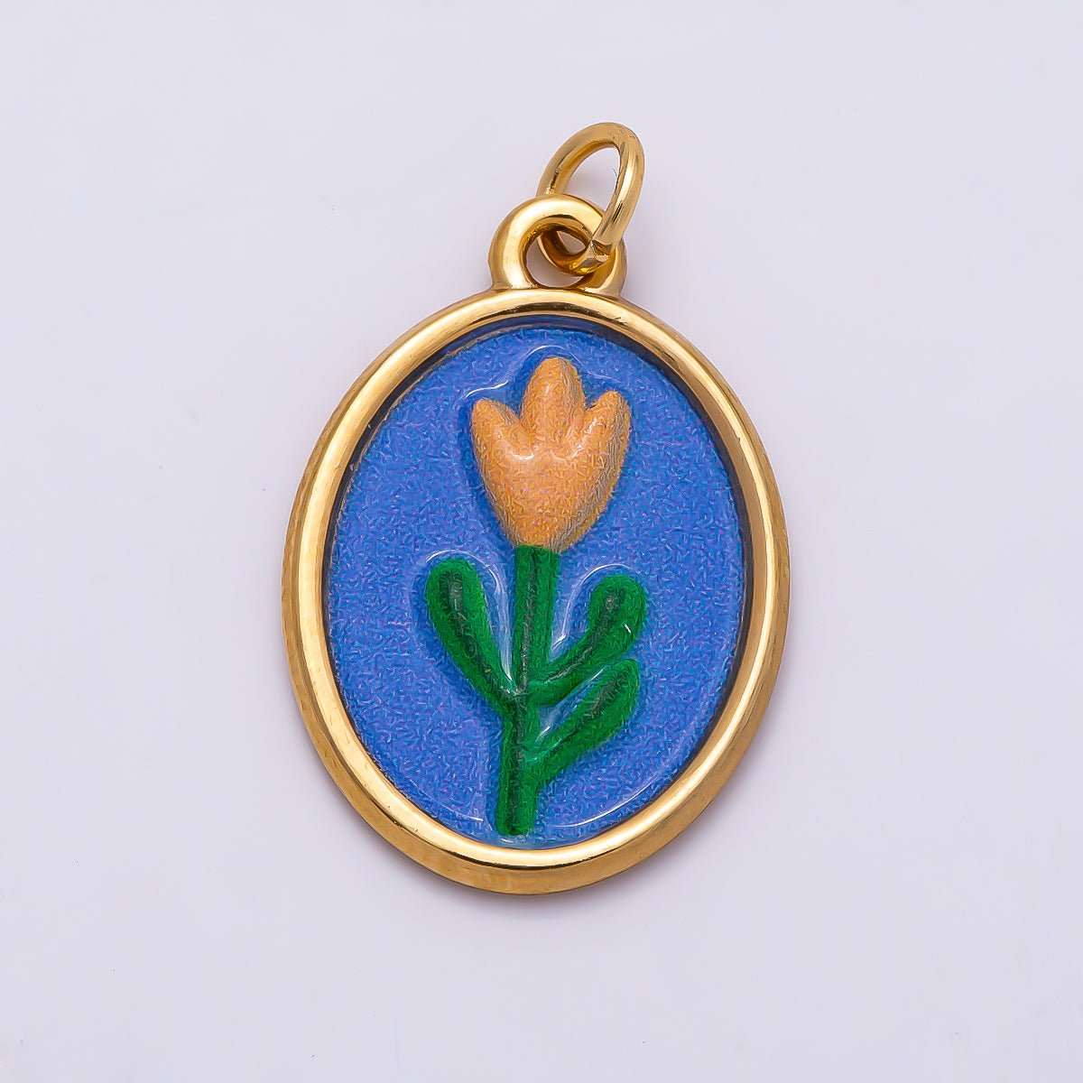 PVD Gold Stainless Steel 22mm Blue Enamel Tulip Flower Oval Charm | Charms-01343