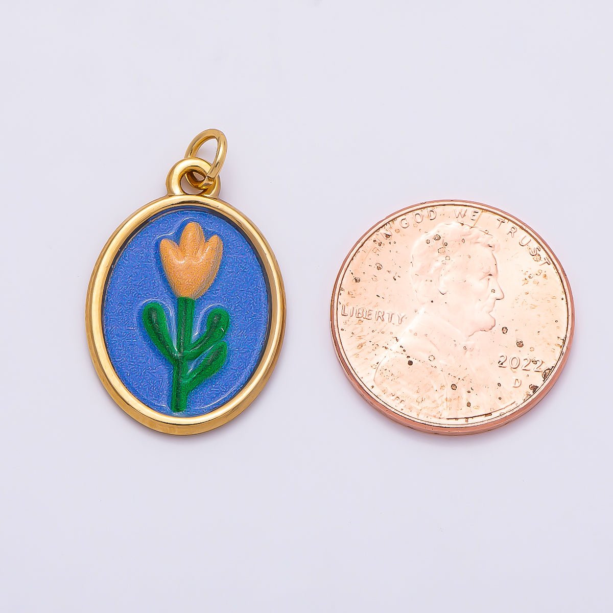 PVD Gold Stainless Steel 22mm Blue Enamel Tulip Flower Oval Charm | Charms-01343