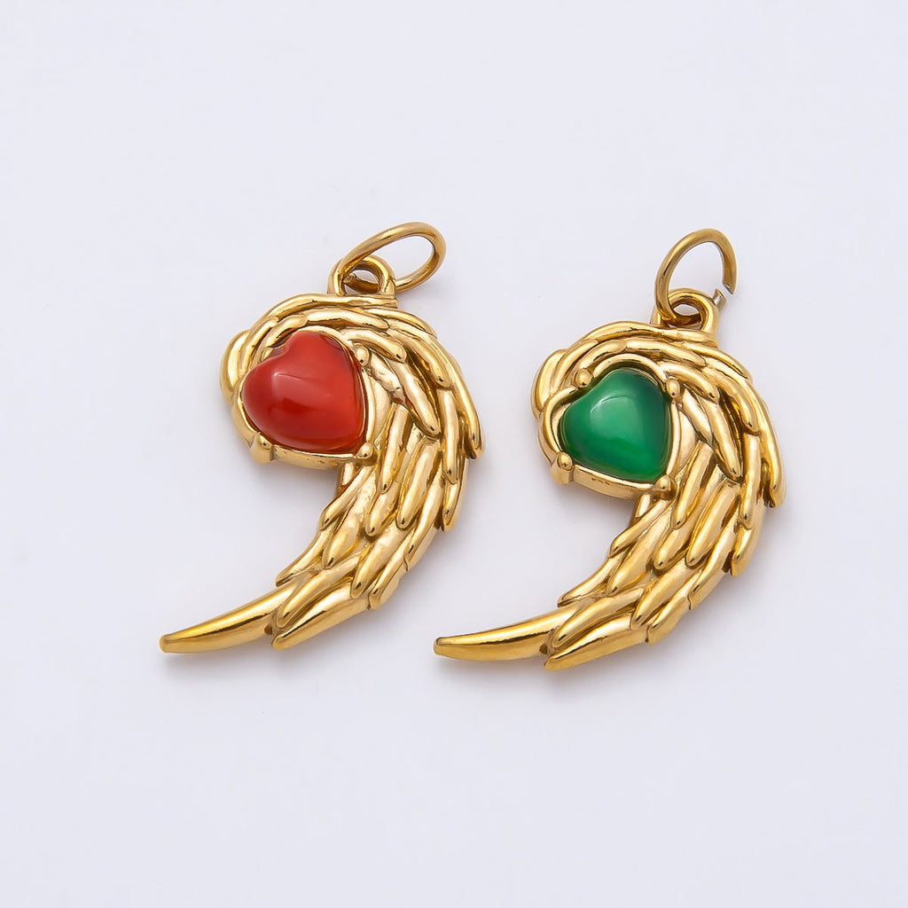 PVD Gold Stainless Steel 22mm Green, Red Heart Curved Angel Wing Charm | Charms-00808 Charms-01125