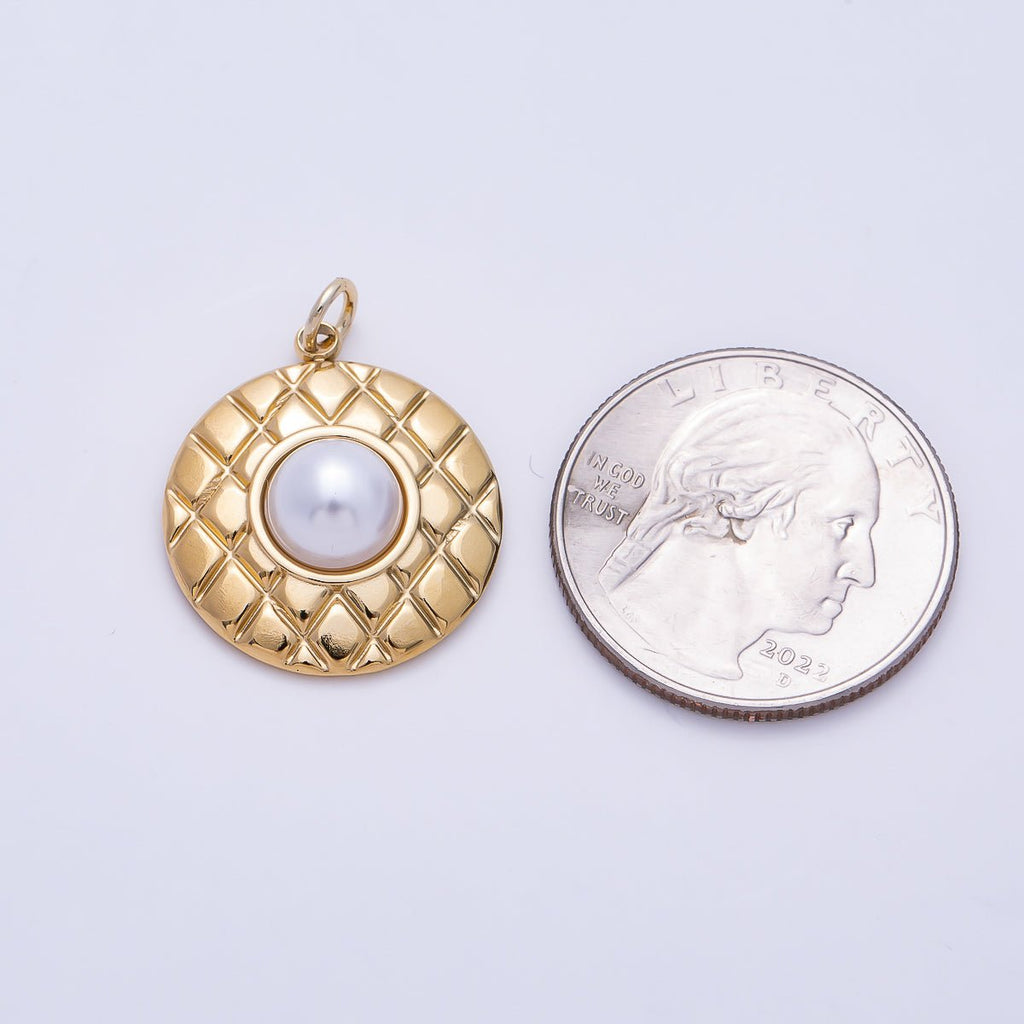 PVD Gold Stainless Steel 23mm Shell Pearl Quilted Bezel Round Charm | Charms-01441