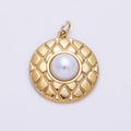 PVD Gold Stainless Steel 23mm Shell Pearl Quilted Bezel Round Charm | Charms-01441