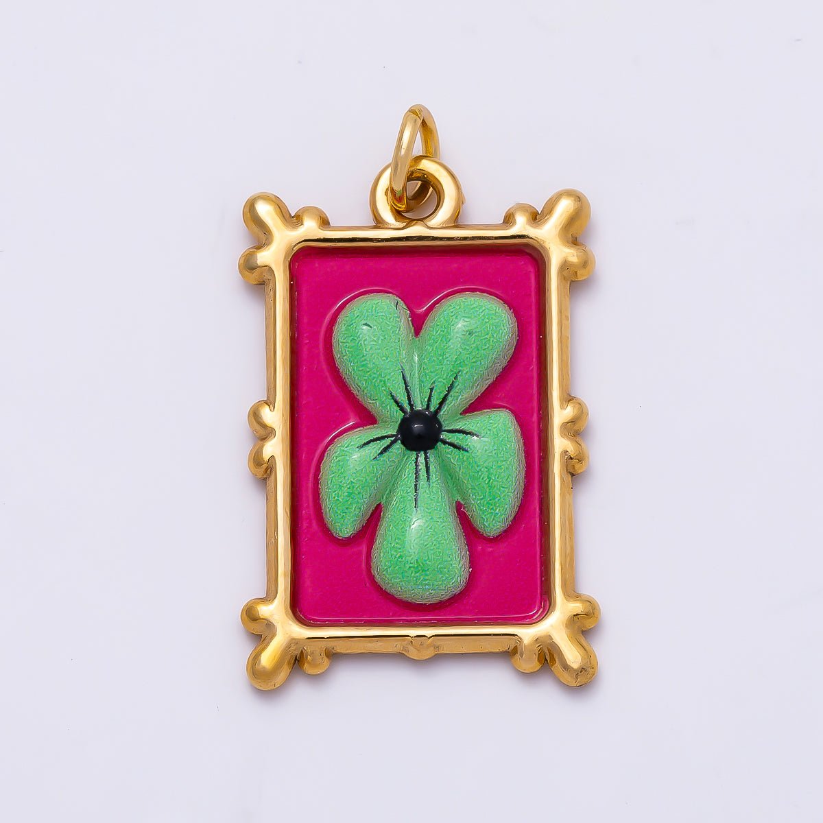 PVD Gold Stainless Steel 25mm Enamel Clover Flower Bezel Rectangle Charm | Charms-01325