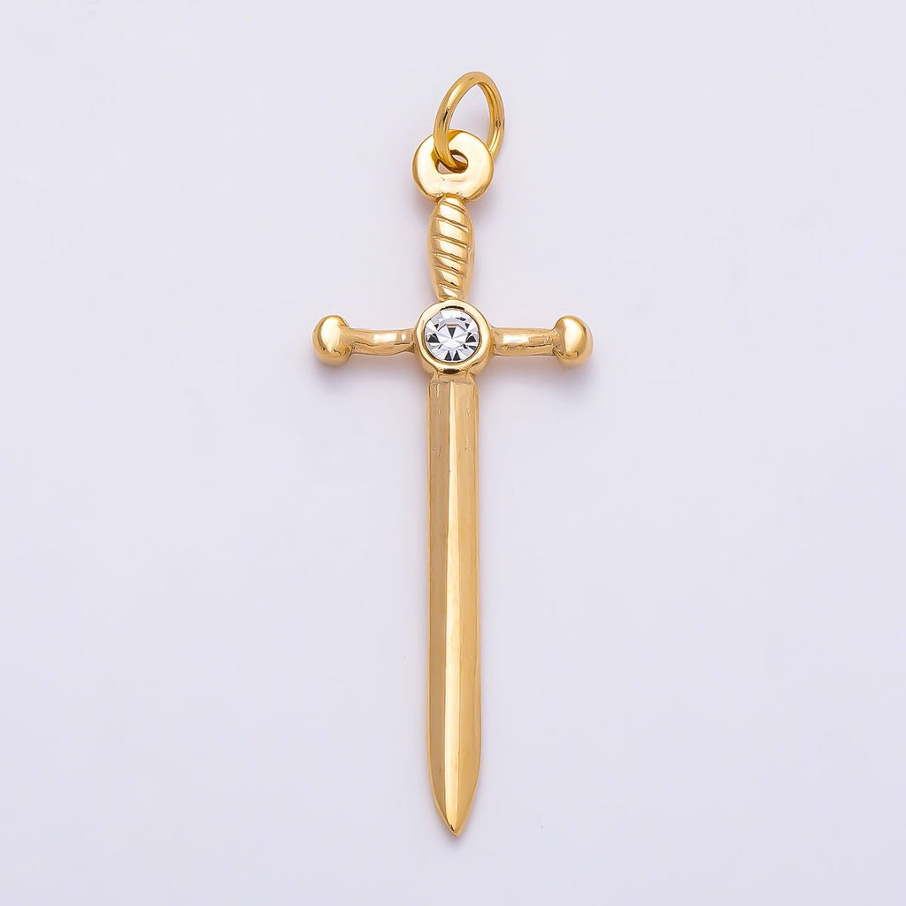 PVD Gold Stainless Steel 35mm Clear CZ Knife Sword Charm | Charms-01328