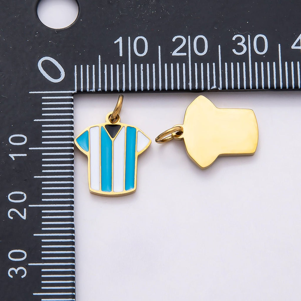PVD Stainless Steel 14mm Blue & White Enamel Soccer Jersey Shirt Sport Charm | Charms-00795