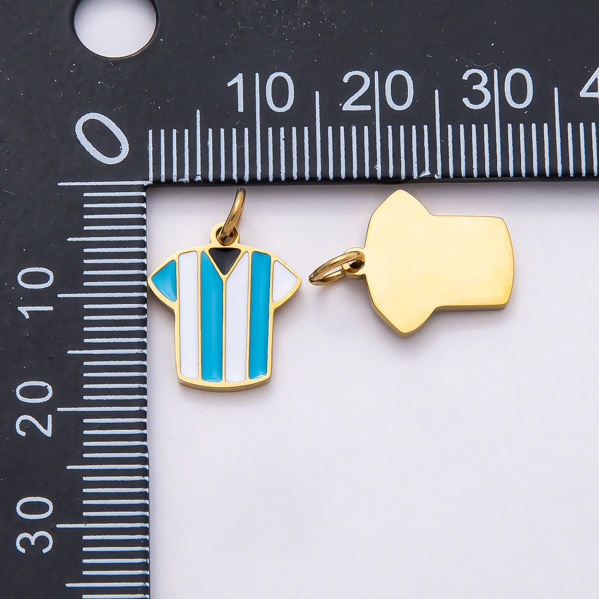 PVD Stainless Steel 14mm Blue & White Enamel Soccer Jersey Shirt Sport Charm | Charms-00795