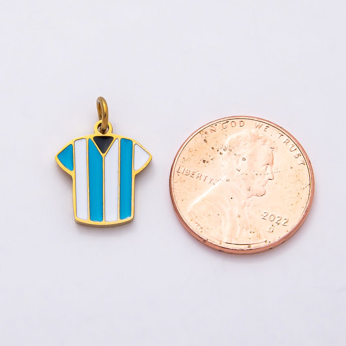 PVD Stainless Steel 14mm Blue & White Enamel Soccer Jersey Shirt Sport Charm | Charms-00795