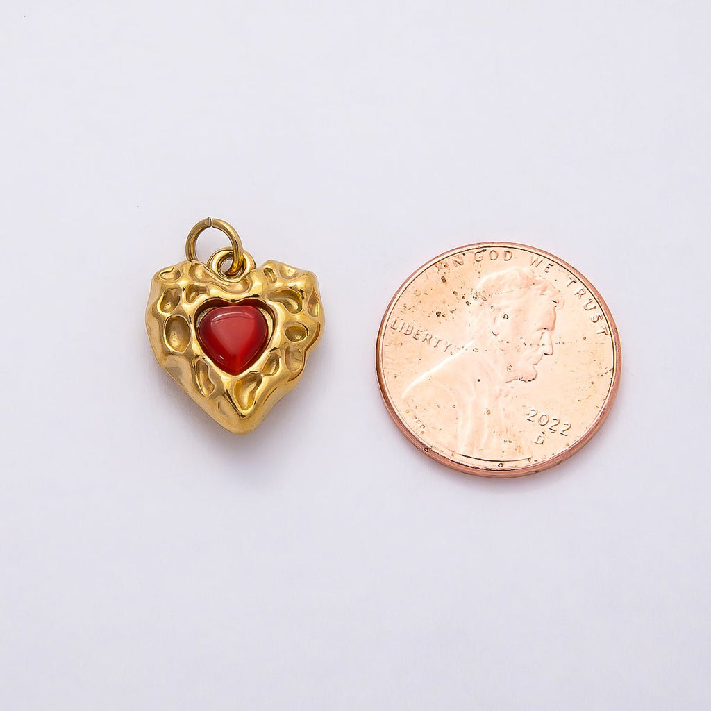 PVD Stainless Steel 16mm Red Gemstone Molten Heart Charm | Charms-00801
