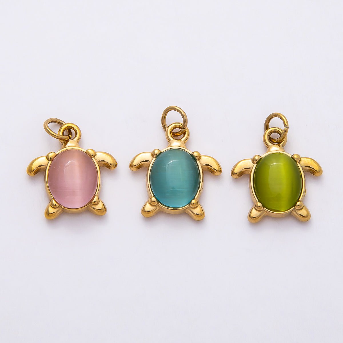 PVD Stainless Steel 17mm Green, Pink, Blue Cat Eye Cabochon Sea Turtle Charm | Charms-00772 ~ Charms-00774