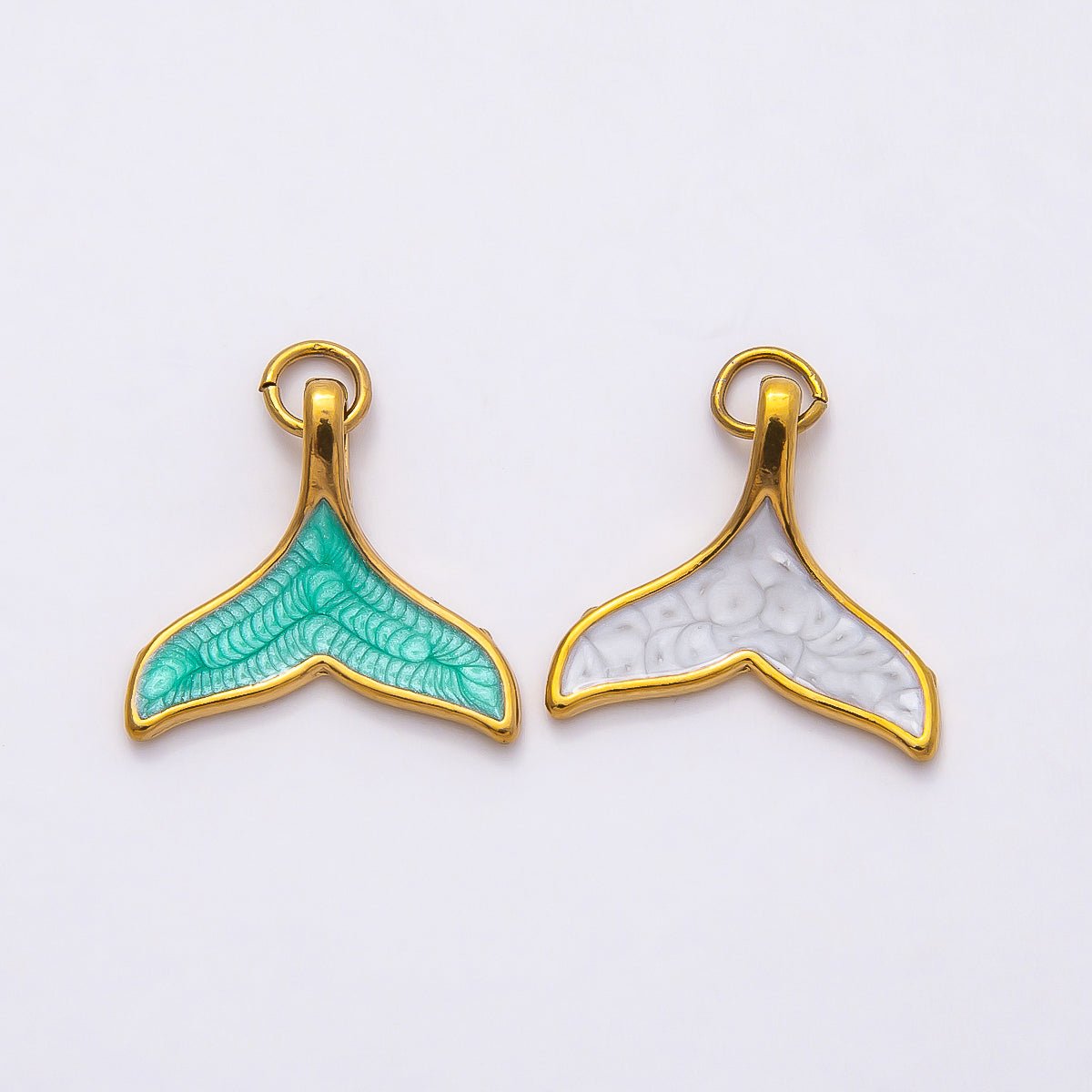 PVD Stainless Steel 18mm Teal, White Glitter Enamel Mermaid Tail Fish Charm | Charms-00775 Charms-00776