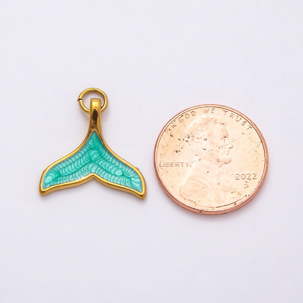 PVD Stainless Steel 18mm Teal, White Glitter Enamel Mermaid Tail Fish Charm | Charms-00775 Charms-00776