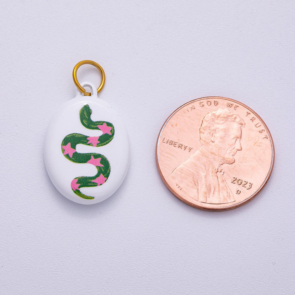 PVD Stainless Steel 20mm Green Snake Pink Star White Enamel Oval Charm | Charms-00503