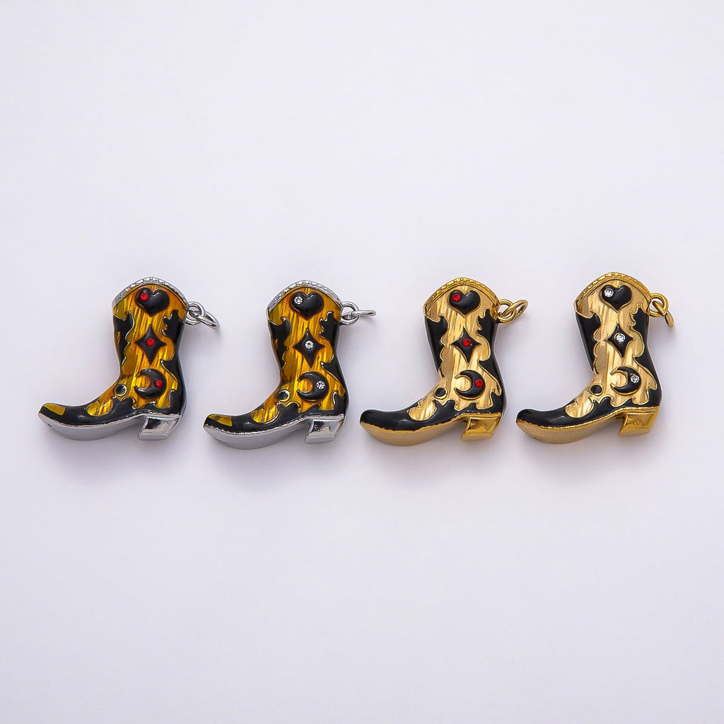 PVD Stainless Steel 27mm Clear, Red CZ Black Enamel Western Cowboy Boot Charm in Gold & Silver | Charms-00782 ~ Charms-00785