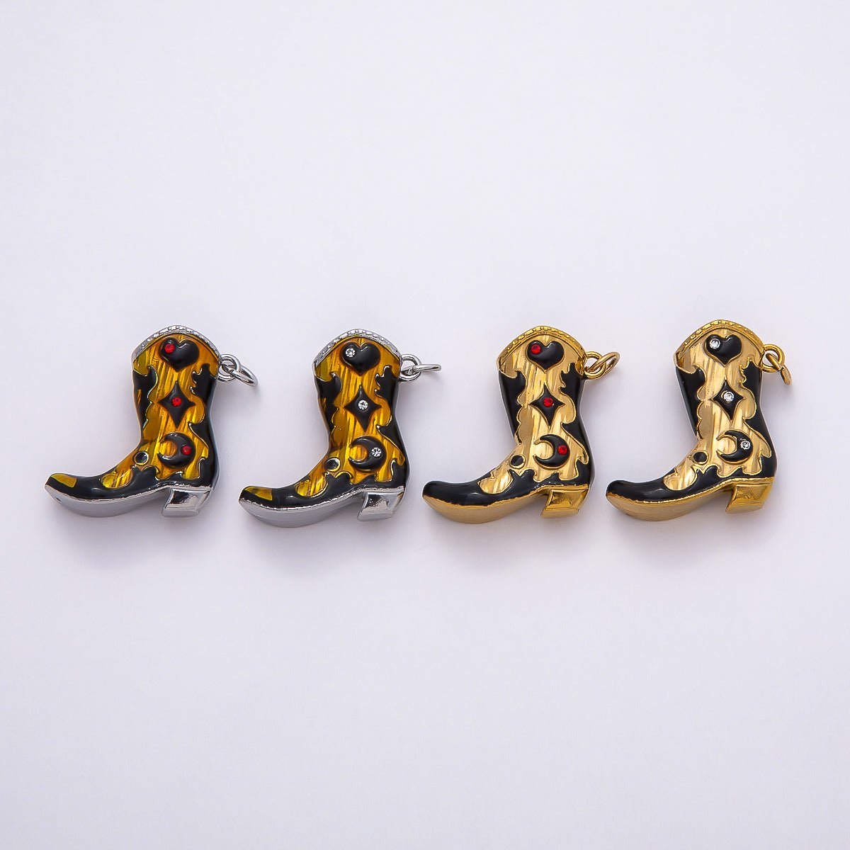 PVD Stainless Steel 27mm Clear, Red CZ Black Enamel Western Cowboy Boot Charm in Gold & Silver | Charms-00782 ~ Charms-00785