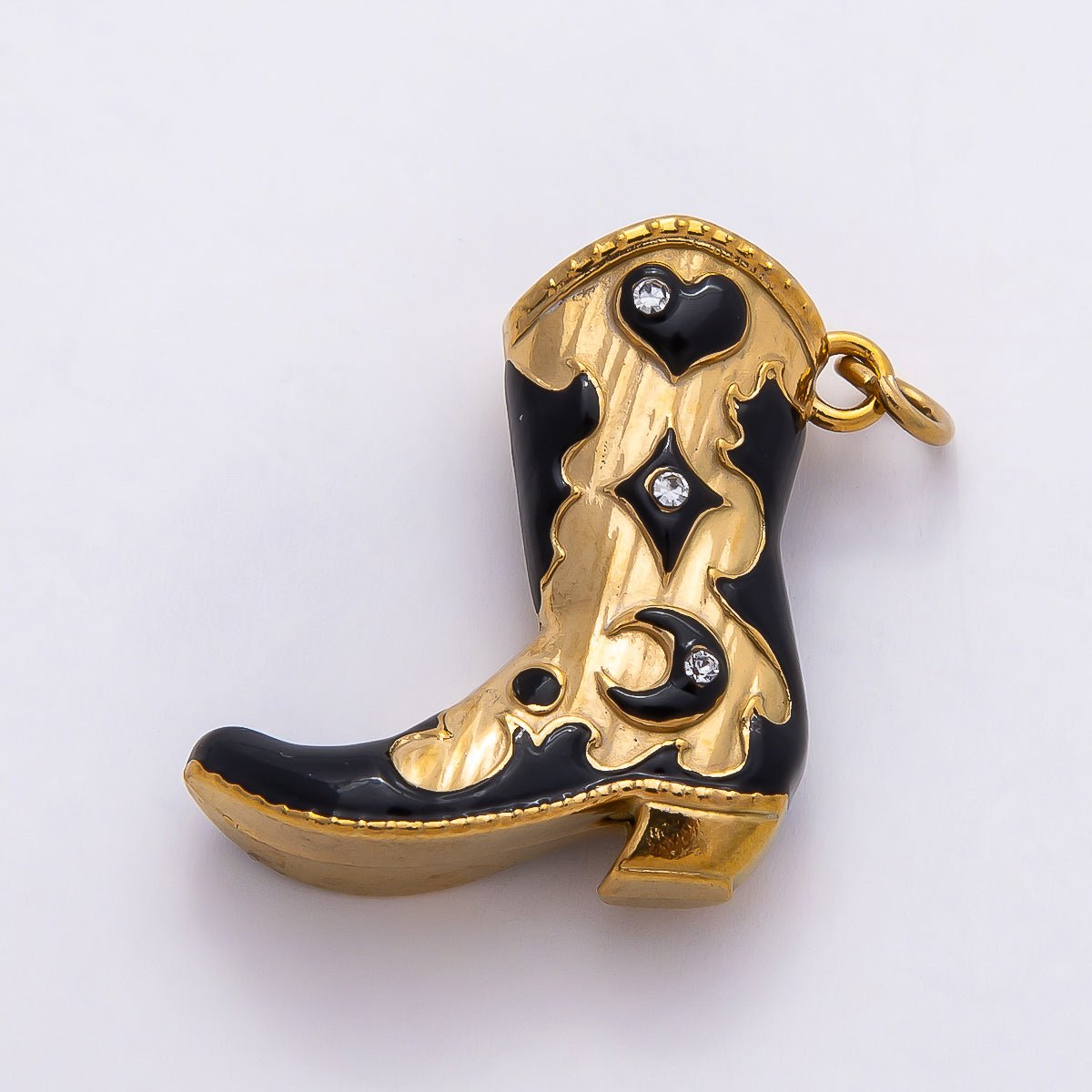 PVD Stainless Steel 27mm Clear, Red CZ Black Enamel Western Cowboy Boot Charm in Gold & Silver | Charms-00782 ~ Charms-00785