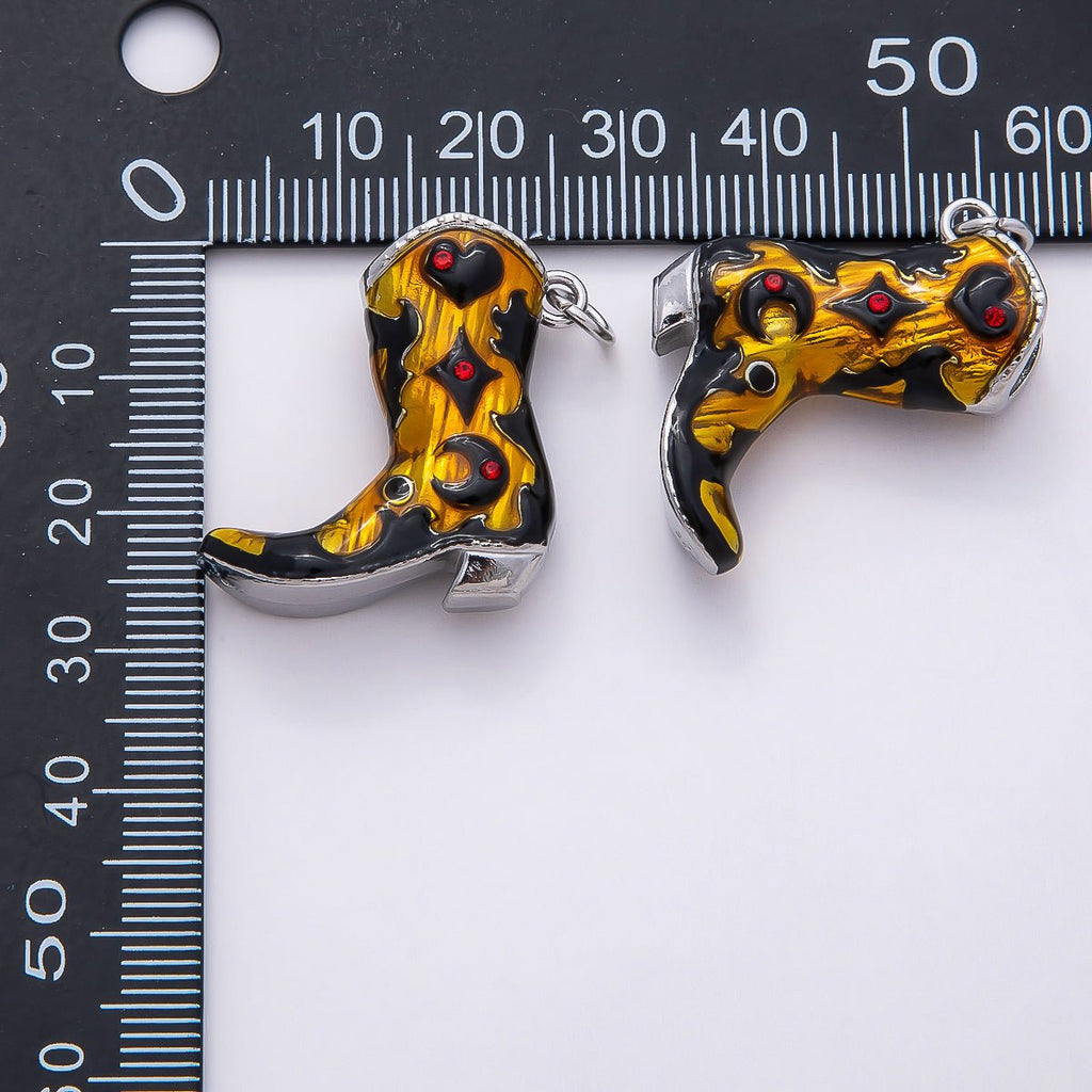 PVD Stainless Steel 27mm Clear, Red CZ Black Enamel Western Cowboy Boot Charm in Gold & Silver | Charms-00782 ~ Charms-00785