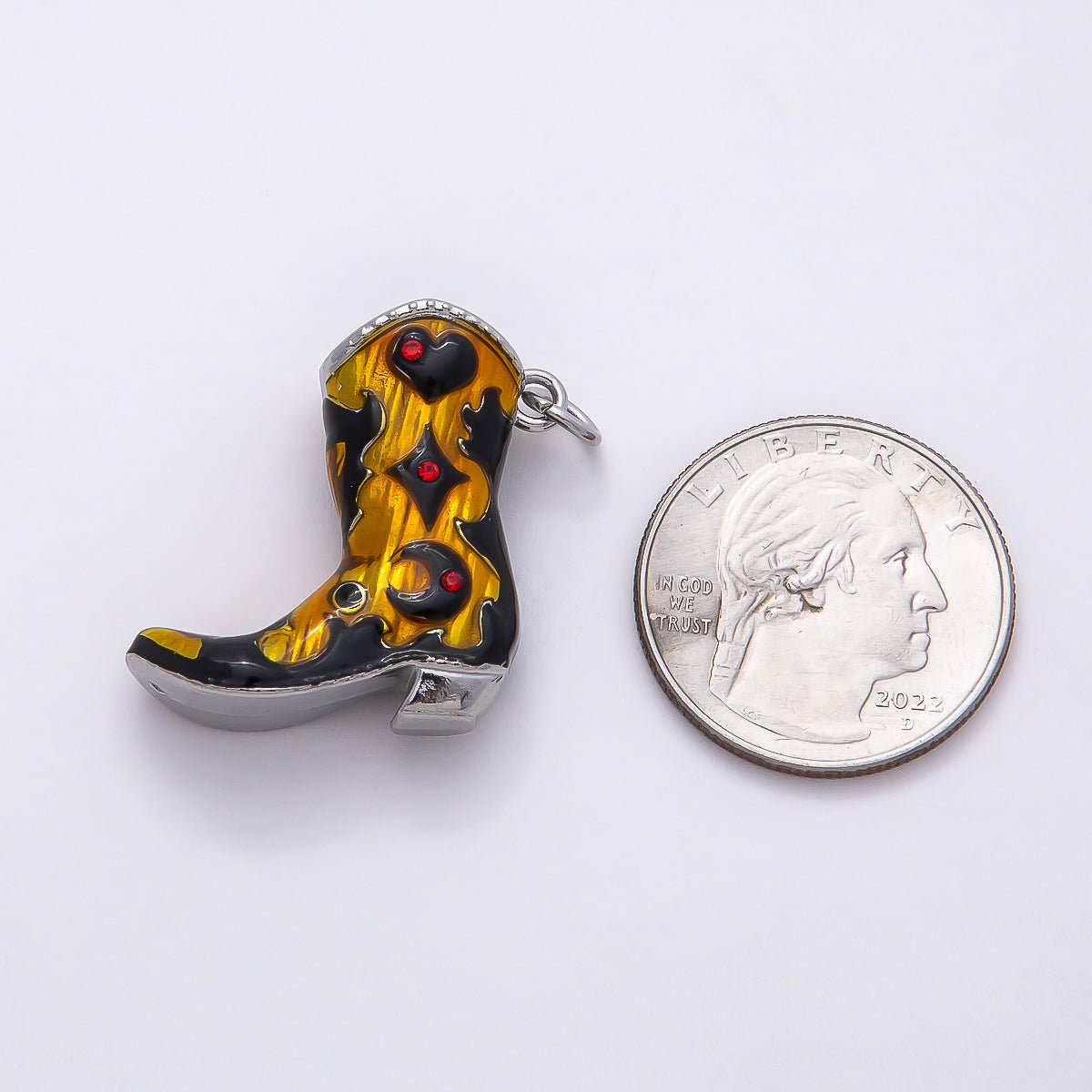 PVD Stainless Steel 27mm Clear, Red CZ Black Enamel Western Cowboy Boot Charm in Gold & Silver | Charms-00782 ~ Charms-00785