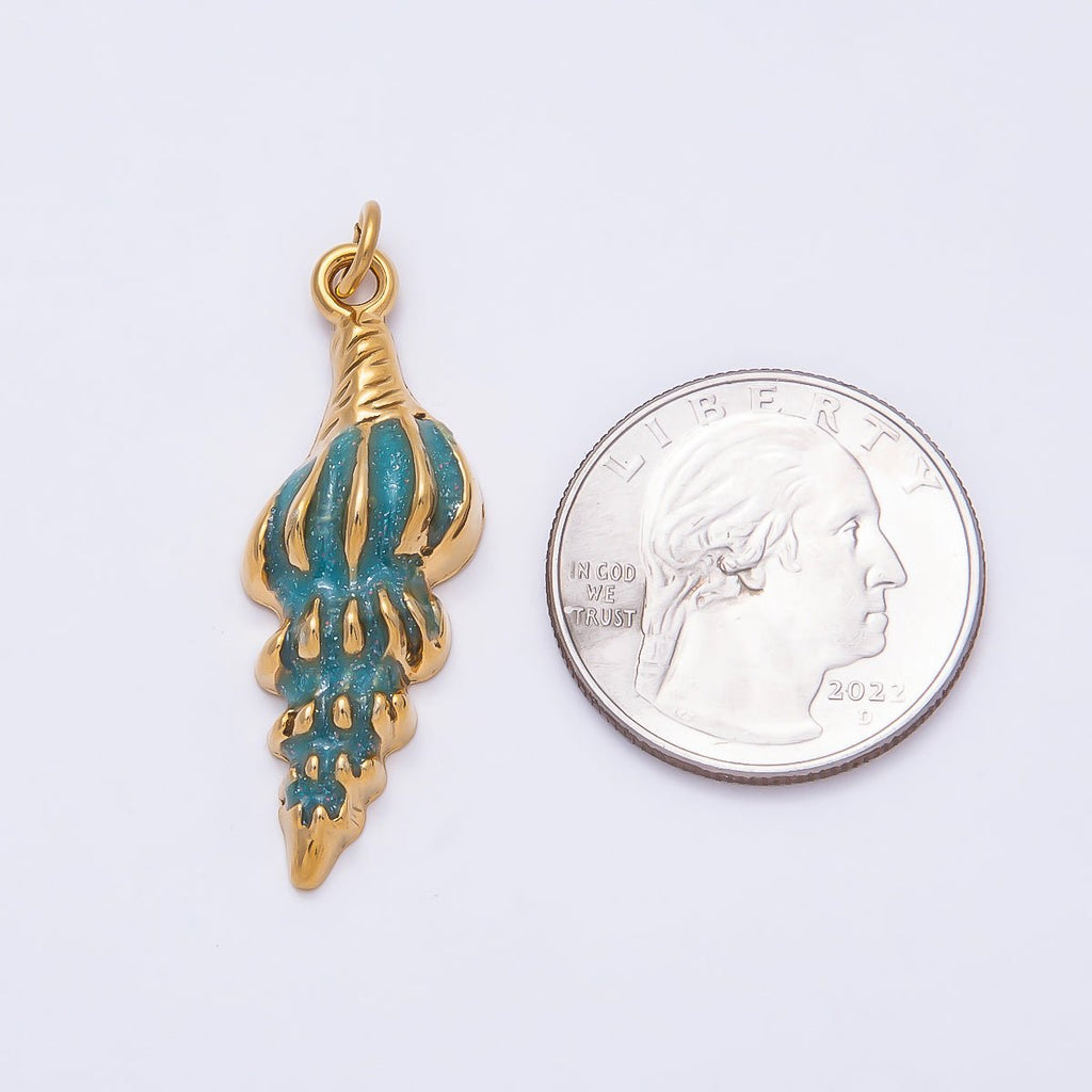 PVD Stainless Steel 37mm Blue Glitter Enamel Conch Shell Beach Charm | Charms-00781