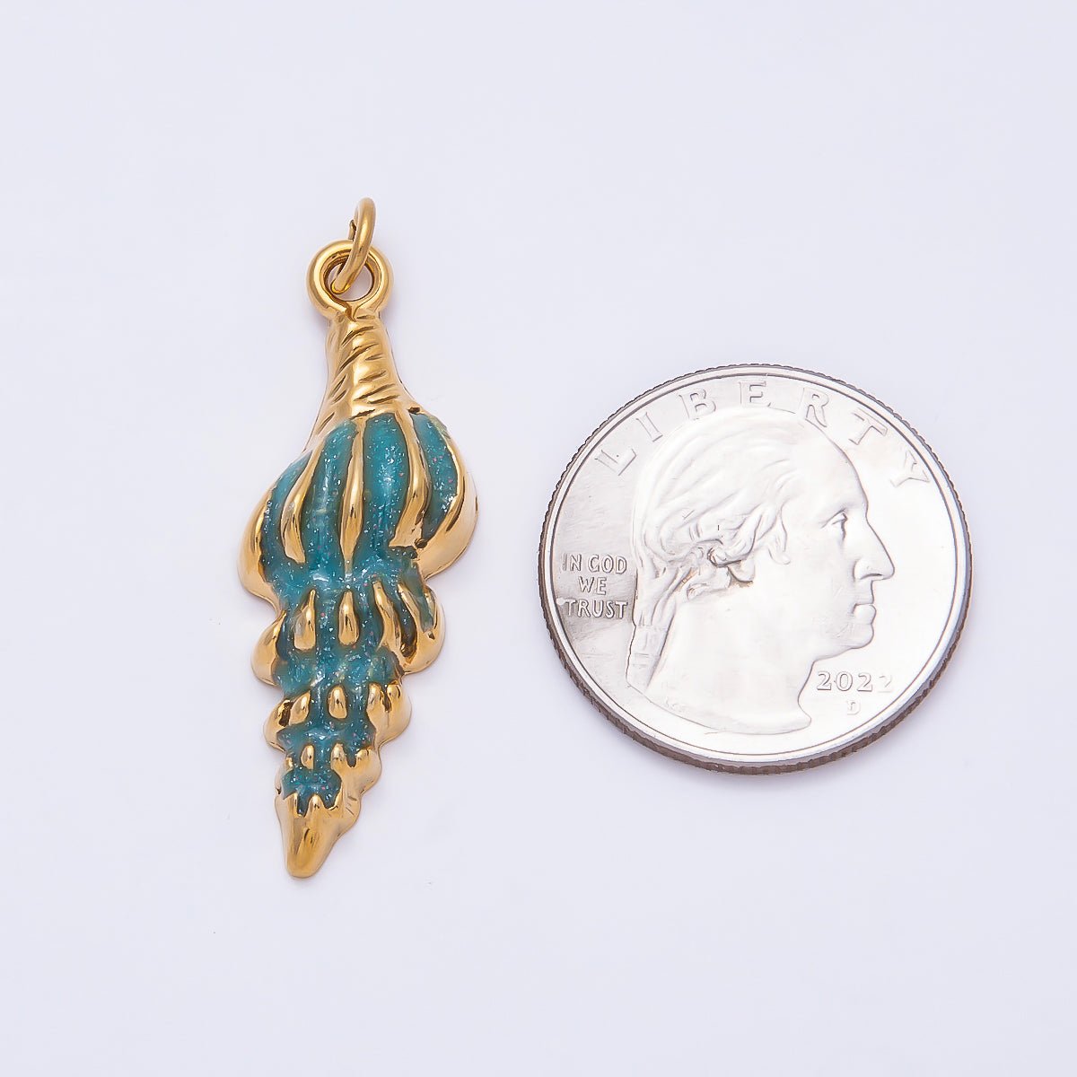 PVD Stainless Steel 37mm Blue Glitter Enamel Conch Shell Beach Charm | Charms-00781
