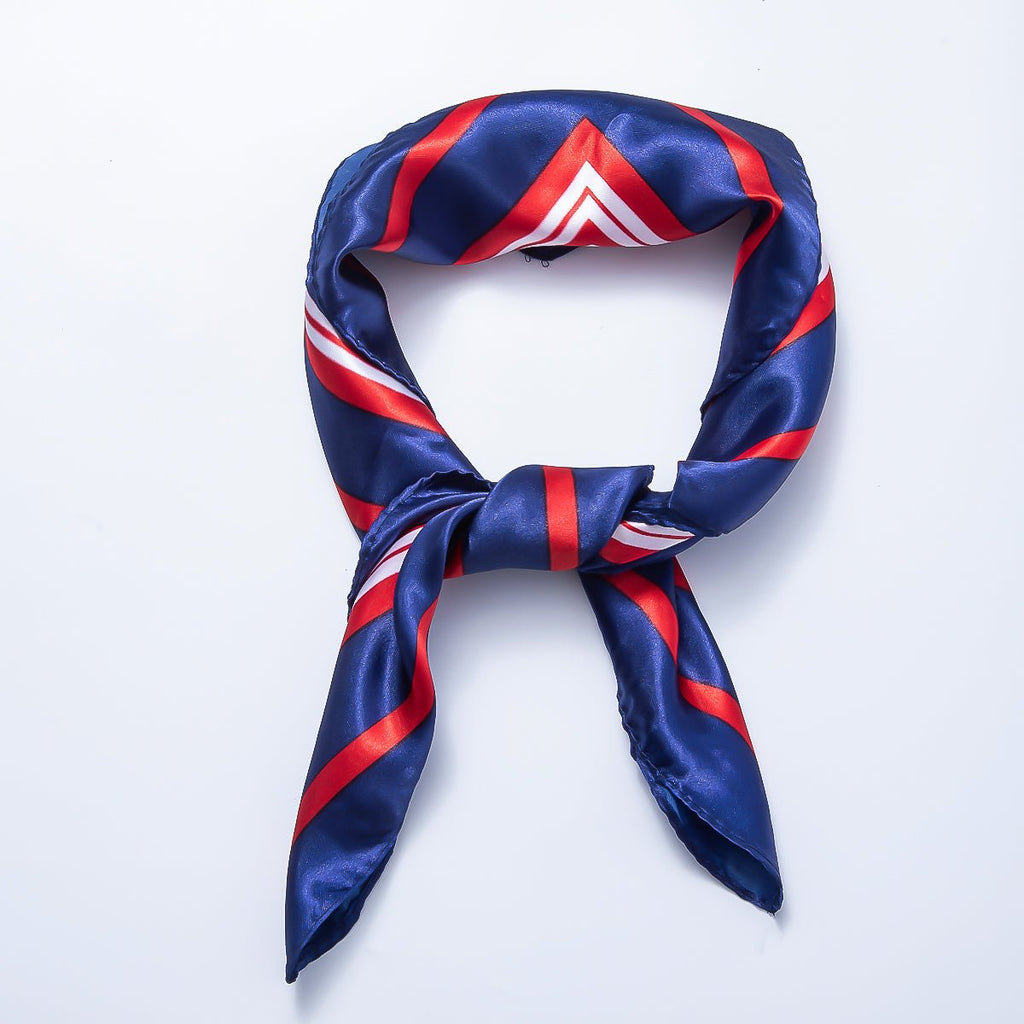 Red Blue White Striped Box Printed Faux Silk Twill 60 Square Bandana Scarf Necklace | WA-04629