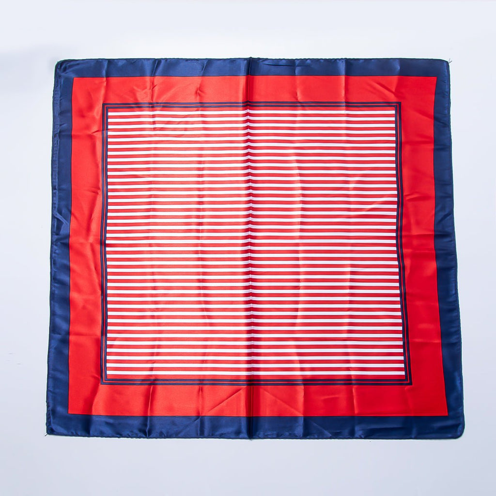 Red, Blue, White Striped Printed Faux Silk Twill 60 Square Bandana Scarf Necklace | WA-04628