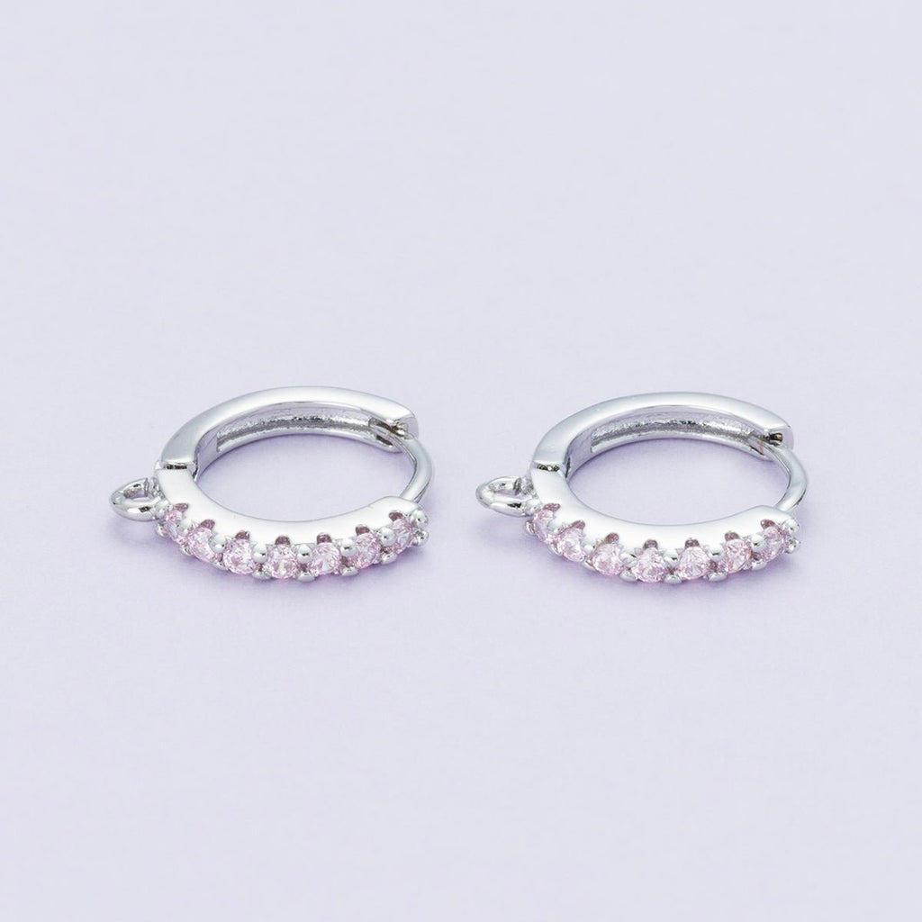 Rhodium Plated 14mm Pink, Turquoise CZ Micro Paved Open Loop Drop Huggie Earrings | Findings-00085