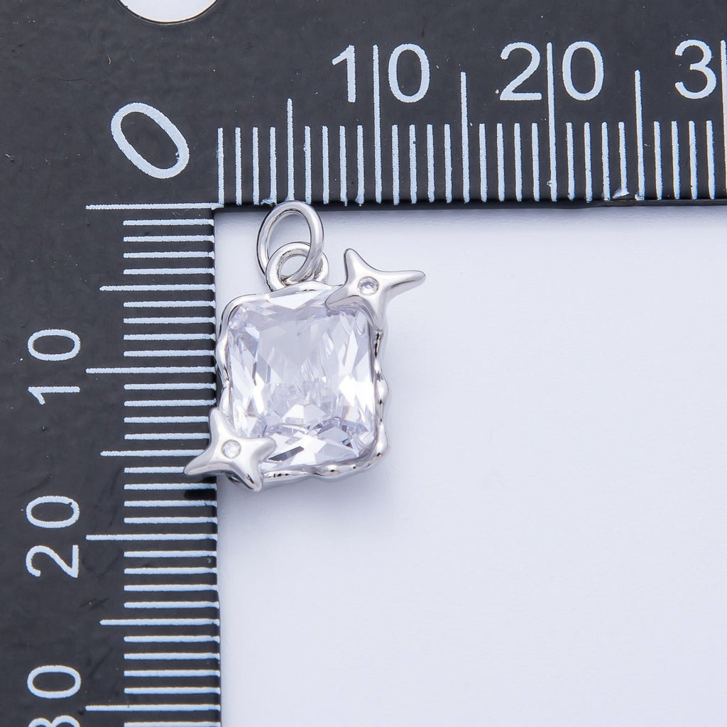 Rhodium Plated 15.5mm Clear CZ Celestial Star Baguette Charm | Charms-00393