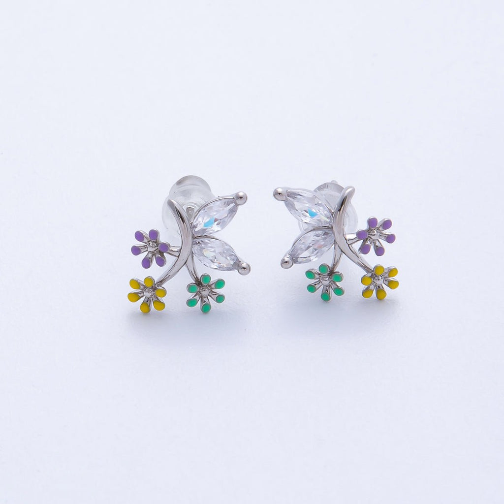 Rhodium Plated 15mm CZ Enamel Butterfly Wing Flower Stud | Earrings-00229