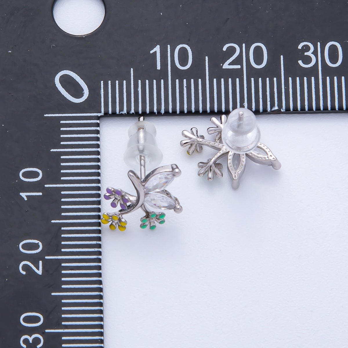 Rhodium Plated 15mm CZ Enamel Butterfly Wing Flower Stud | Earrings-00229