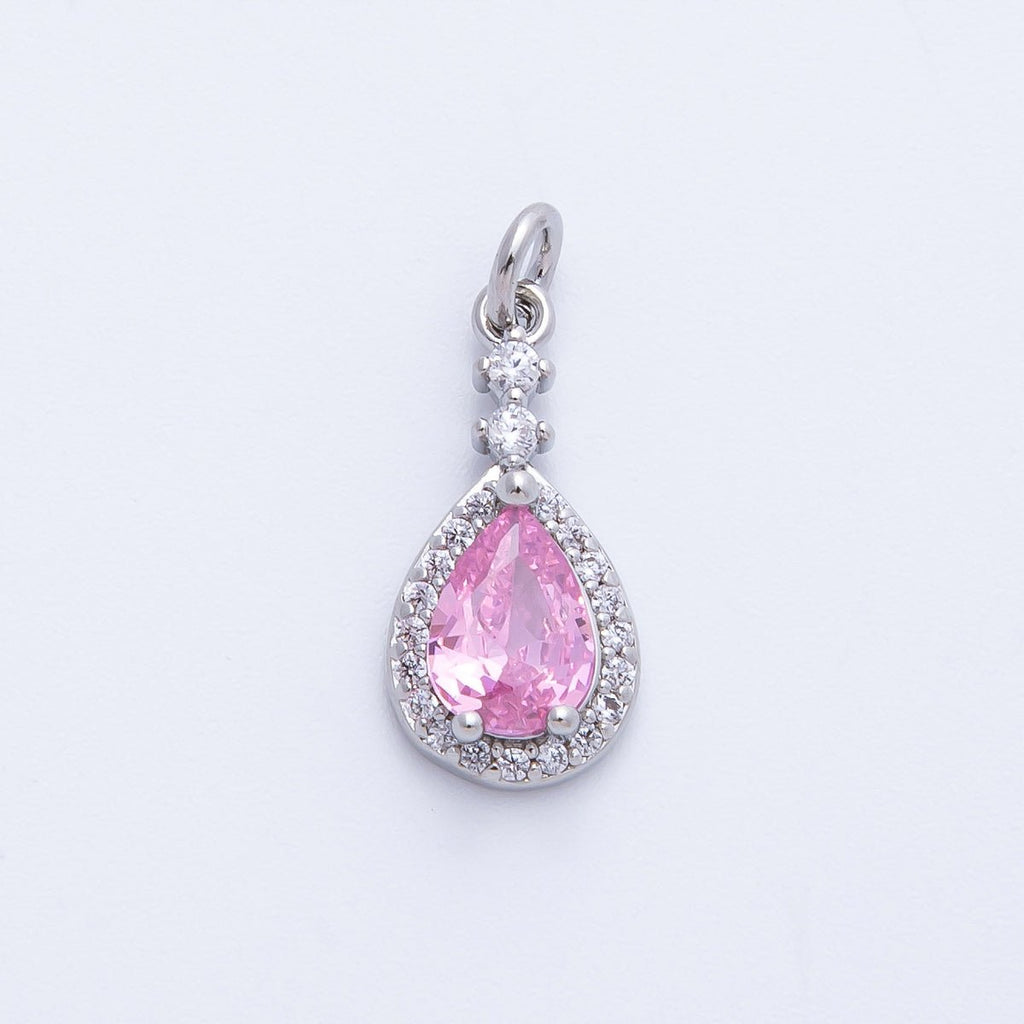 Rhodium Plated 16mm Pink, Green Micro Paved CZ Teardrop Charm | Charms-00350 Charms-00351