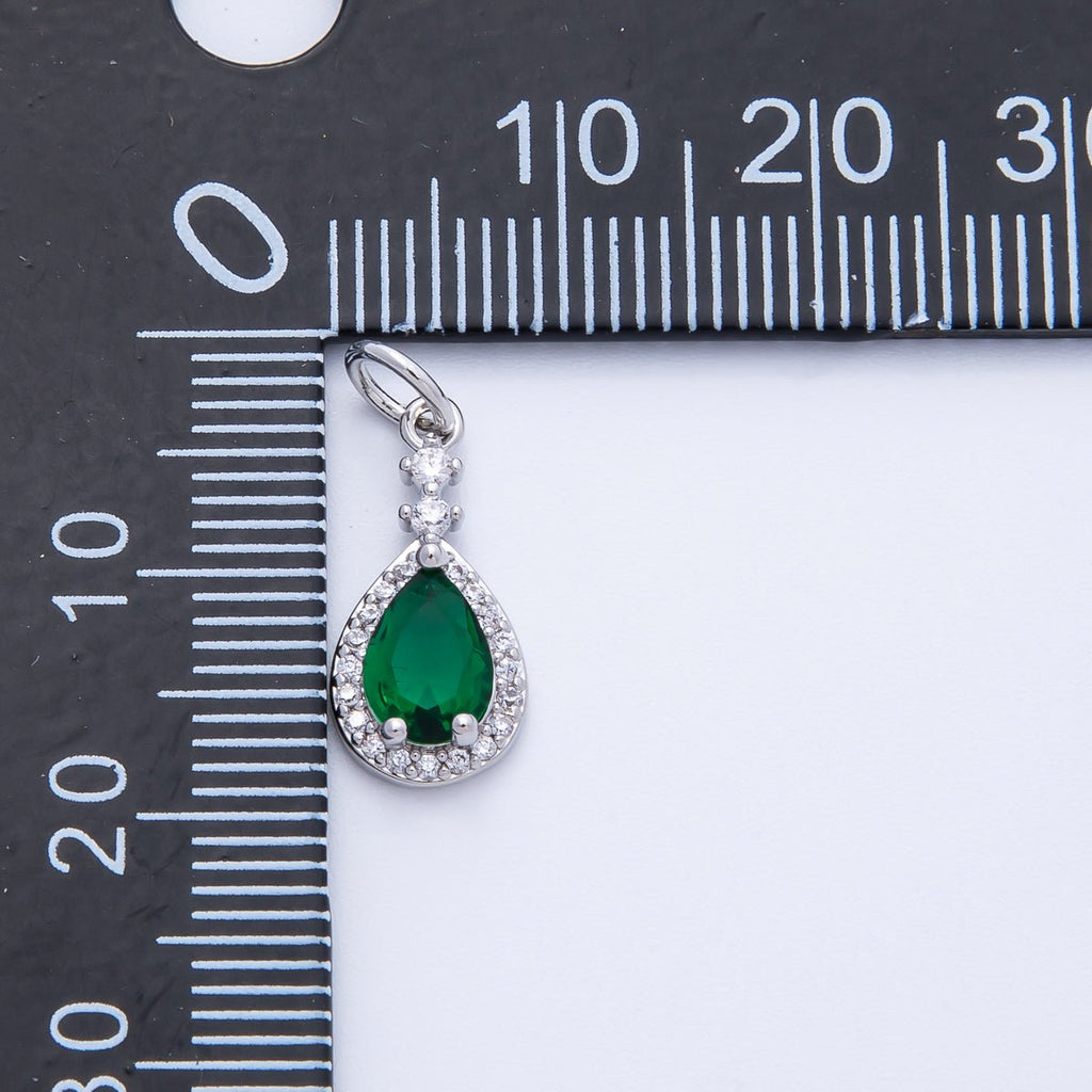 Rhodium Plated 16mm Pink, Green Micro Paved CZ Teardrop Charm | Charms-00350 Charms-00351