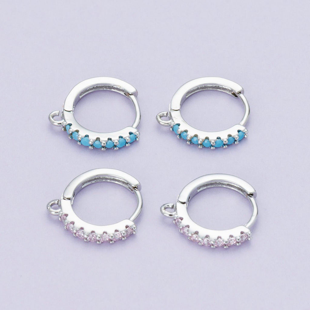 Rhodium Plated 16mm Pink, Turquoise Micro Paved CZ Open Loop Drop Huggie Earrings | Findings-00085 Findings-00086