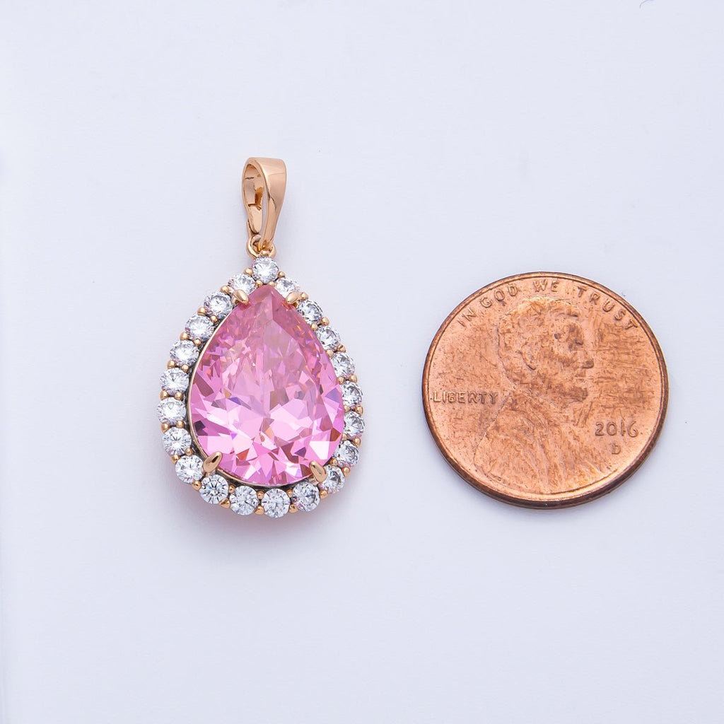 Rose Gold 23.5mm Pink Micro Paved CZ Teardrop Pendant | Charms-00374