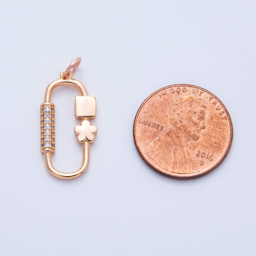Rose Gold Filled 22mm Micro Paved CZ Flower Oblong Carabiner Link Charm | Charms-00396 - Charms-00397
