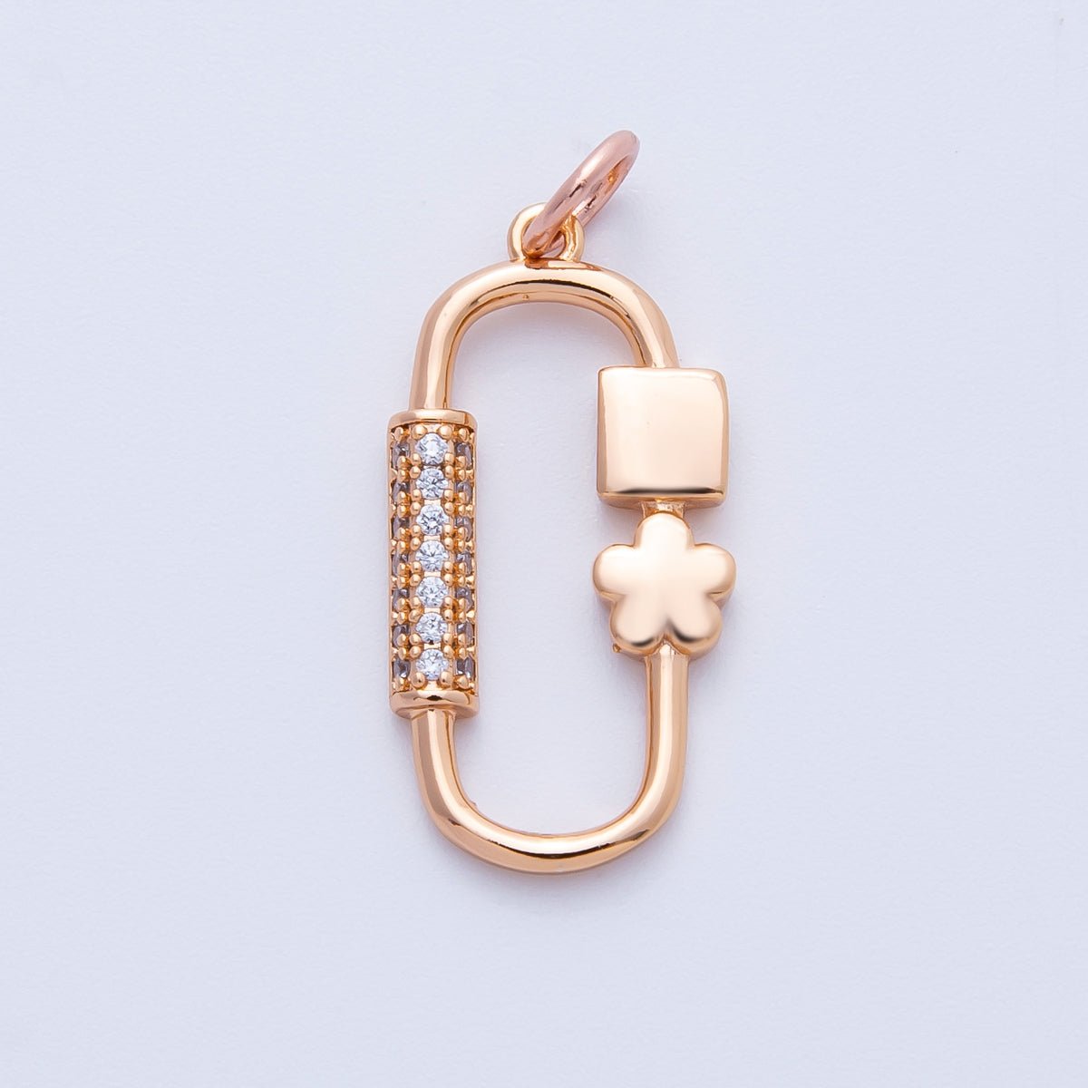 Rose Gold Filled 22mm Micro Paved CZ Flower Oblong Carabiner Link Charm | Charms-00396 - Charms-00397