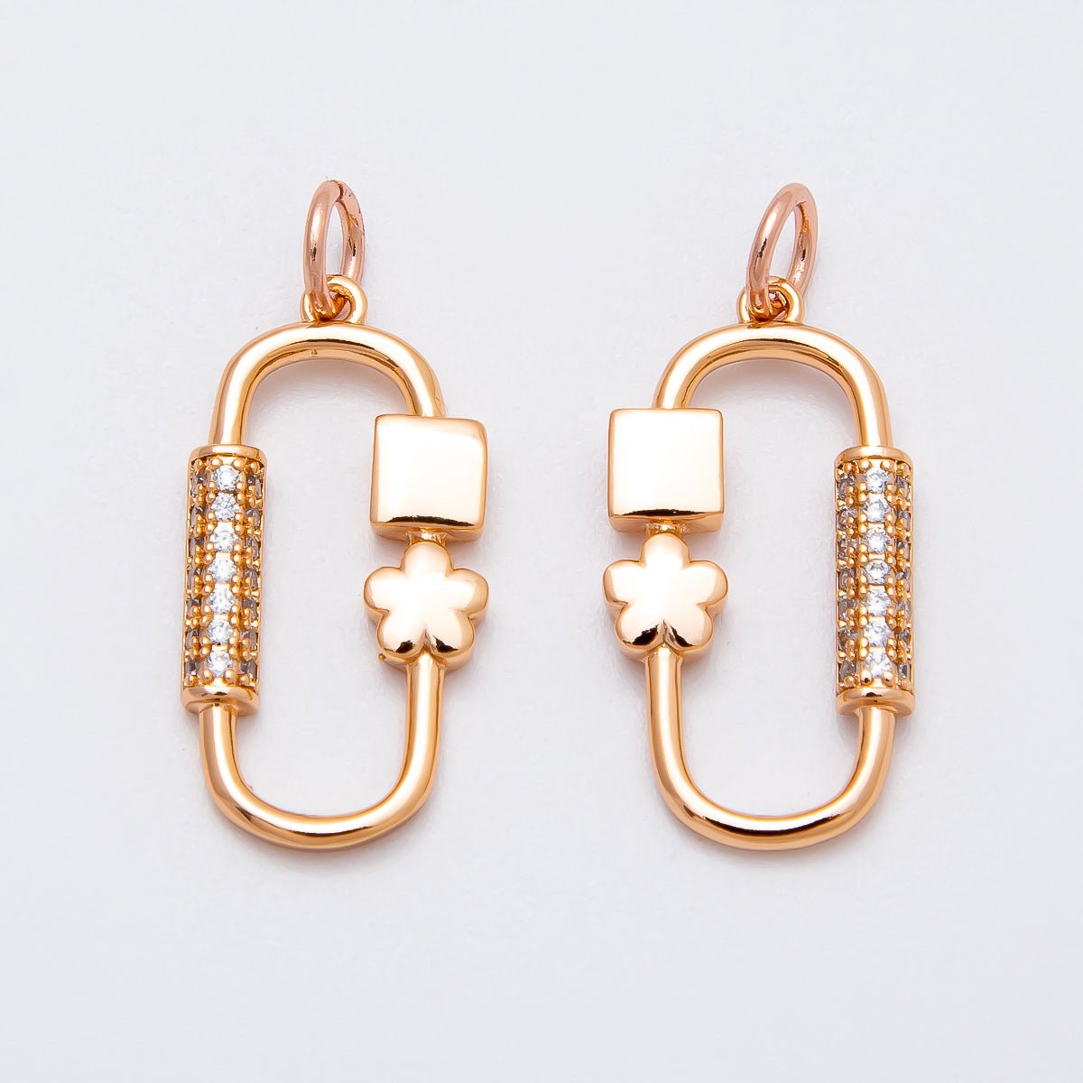 Rose Gold Filled 22mm Micro Paved CZ Flower Oblong Carabiner Link Charm | Charms-00396 - Charms-00397